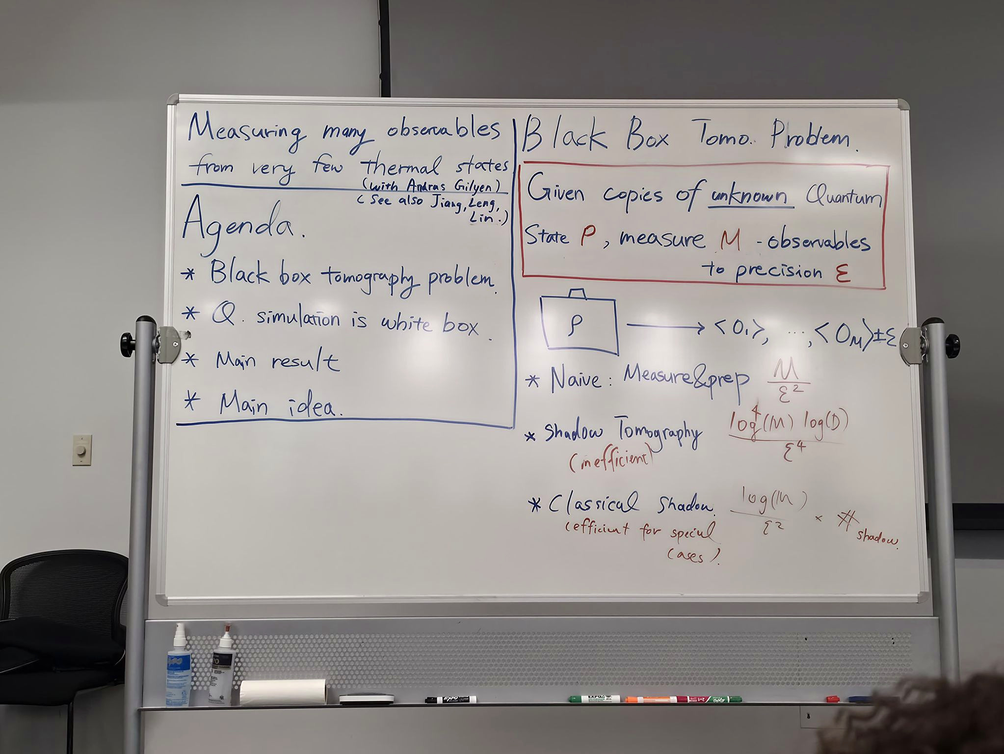Workshop whiteboard outlining the problem of measuring many observables from very few thermal states