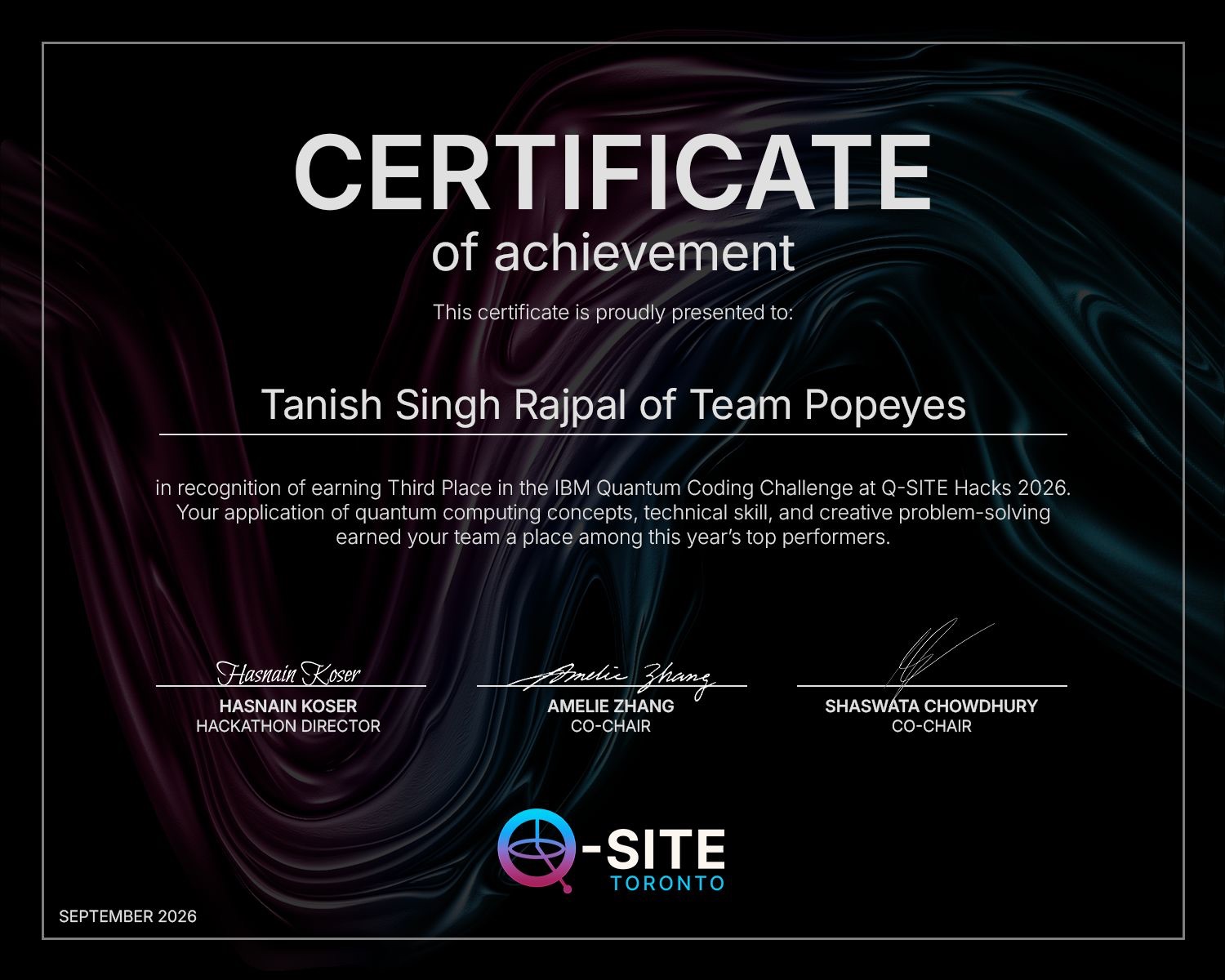 Q-SITE certificate naming Tanish Singh Rajpal of Team Popeyes third in the IBM Quantum Coding Challenge