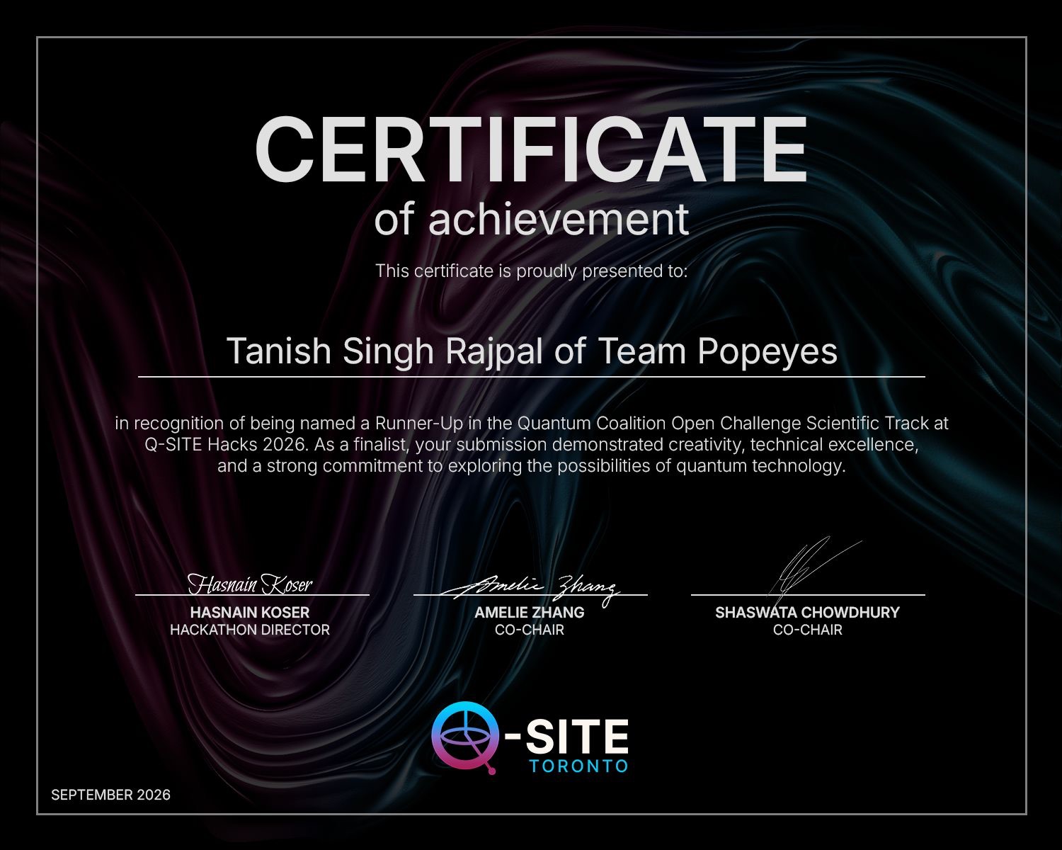 Q-SITE certificate naming Tanish Singh Rajpal of Team Popeyes runner-up in the Quantum Coalition Open Challenge Scientific Track